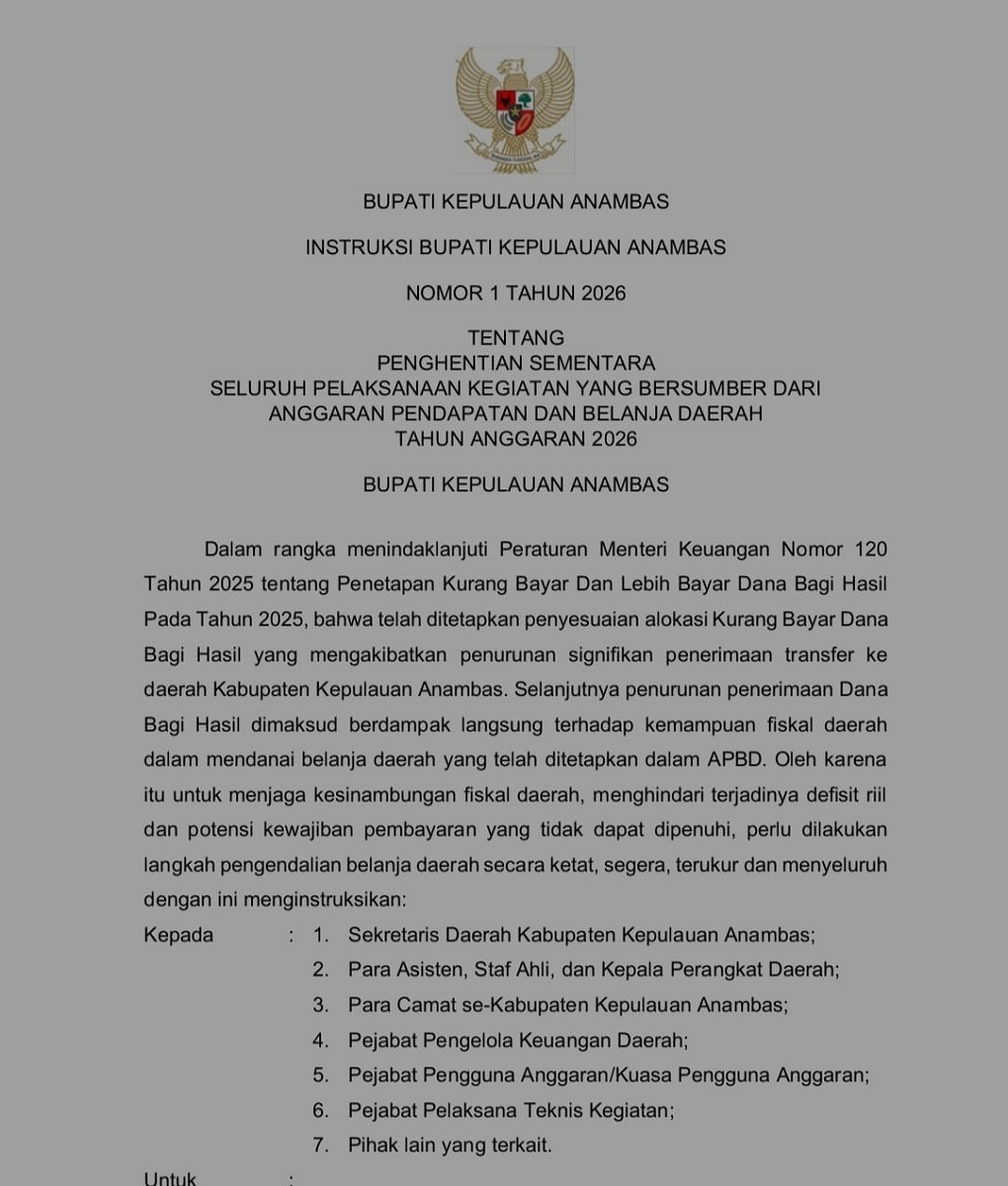 Transfer Dana Pusat Anjlok, Bupati Anambas Hentikan Sementara Seluruh Kegiatan APBD 2026