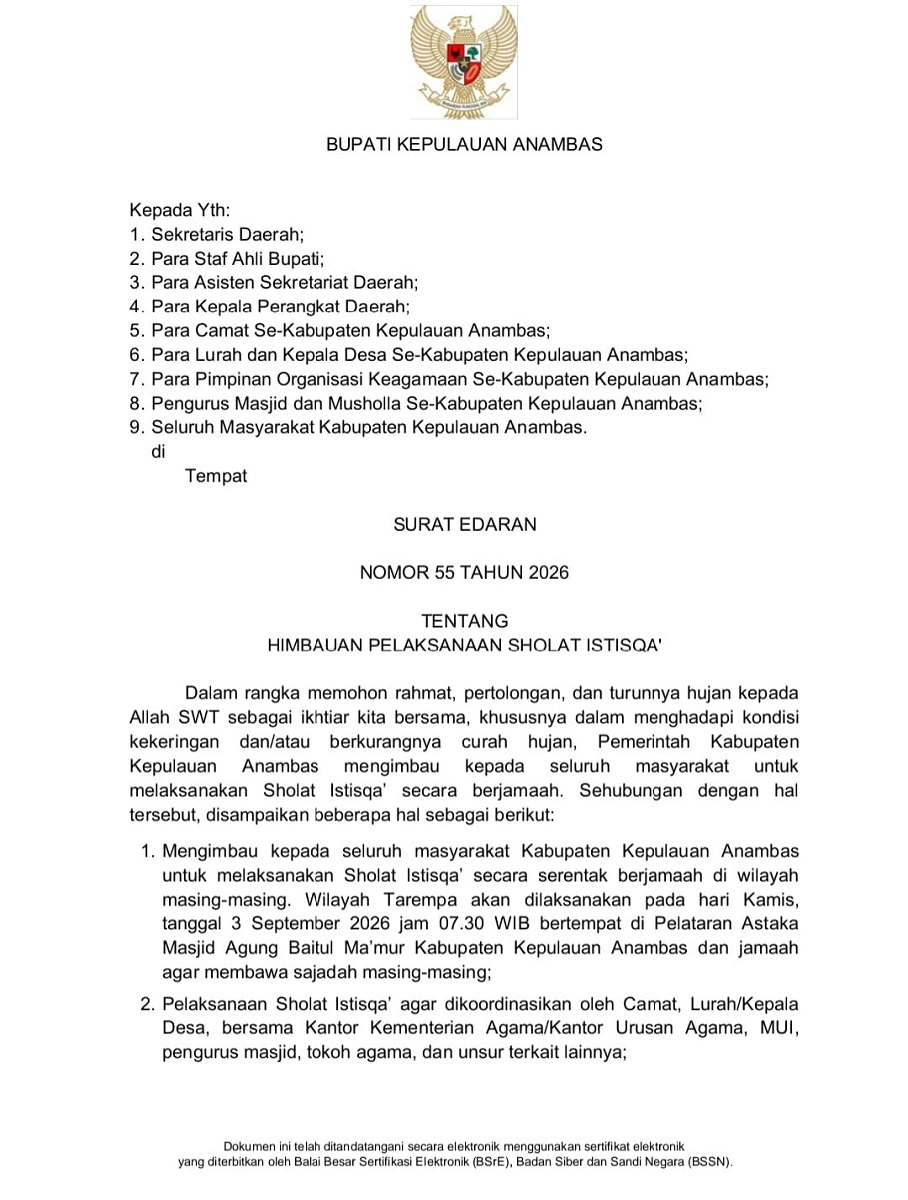 Atasi Kekeringan, Pemkab Anambas Imbau Warga Gelar Shalat Istisqa Berjamaah